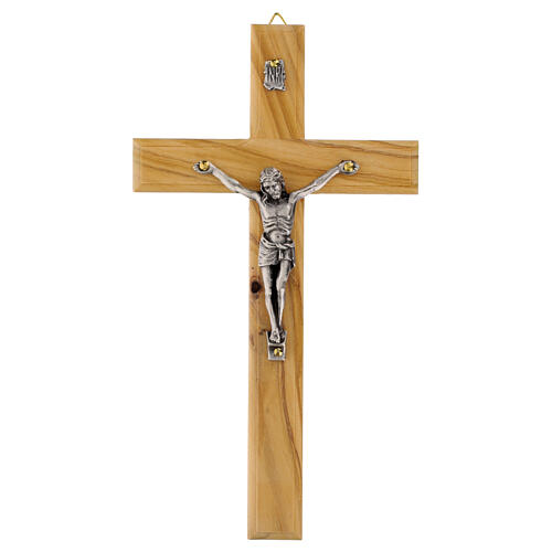 Cruz em madeira de oliveira italiana com corpo em metal 18x10 cm 1
