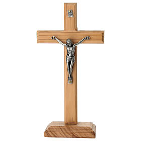 Crucifixo de mesa madeira de oliveira nacional corpo metal 20x10 cm
