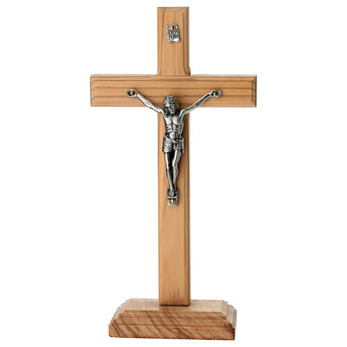 Crucifixo de mesa madeira de oliveira nacional corpo metal 20x10 cm 1