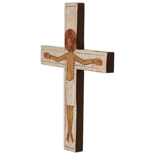 Wooden crucifix with bas-relief, painted mantle and white cross 2