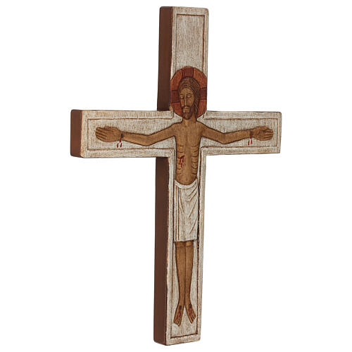 Wooden crucifix with bas-relief, painted mantle and white cross 4
