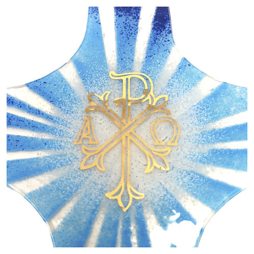 Blue decorated Murano glass cross with Chi-Rho, Alpha & Omega symbol, 6.5x5 in 3