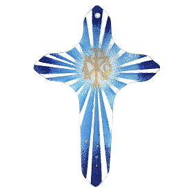 Cruz azul decorada em vidro de Murano com símbolo Chi-Rho Alpha Omega 16x15 cm