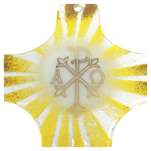 Croix jaune en verre de Murano avec décor Chi-Rho Alpha et Oméga 16x15 cm 3