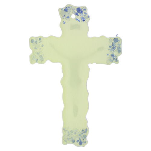 Artistic crucifix with white Murano glass base and blue details, 6x4 in 3