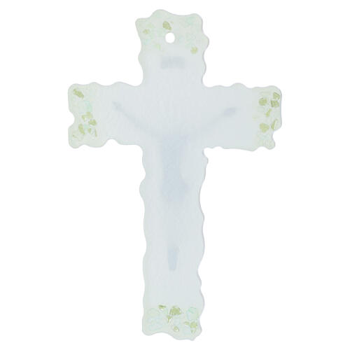 Cruz con Cristo de vidrio de Murano blanco con detalles verdes 16x10 cm 3