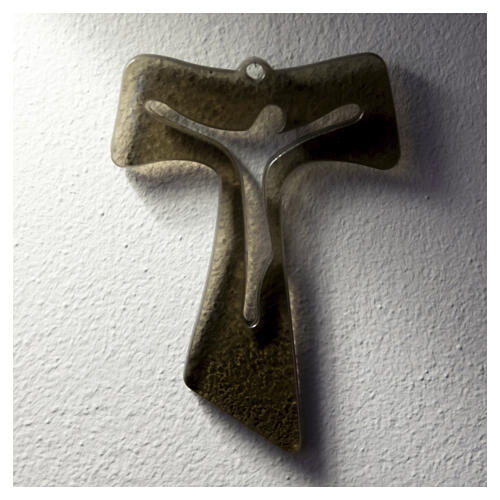 Kruzifix in Tauform – dekoratives Wandkreuz aus Murano-Glas in Bronzeoptik mit stilisierter Christusdarstellung, 16 × 10 cm 2