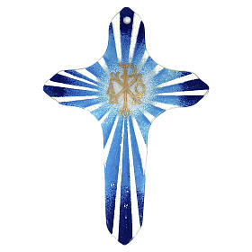 Croce PAX ALPHA E OMEGA azzurra in vetro di Murano 25x20 cm