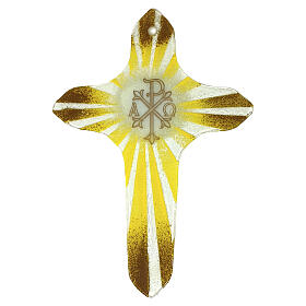Kreuz – Wandkreuz aus Murano-Glas mit goldfarbenen Strahlen und Symbol PAX Alpha Omega, 30 × 20 cm