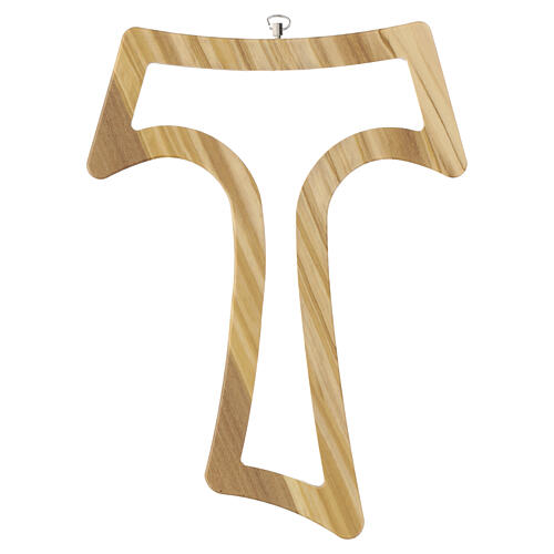 Tau cross in olive wood with carved openwork and central opening, 10 in 3