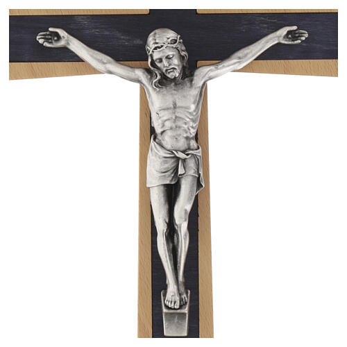 Beech crucifix with dark wood insert, silver metal body 25 cm 2