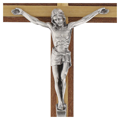 Compact mahogany crucifix with olive-wood inserts and silver-plated metal body of Christ, 6 in 2