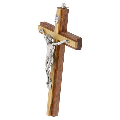 Crucifix compact acajou inserts olivier Christ métal argenté 15 cm 3
