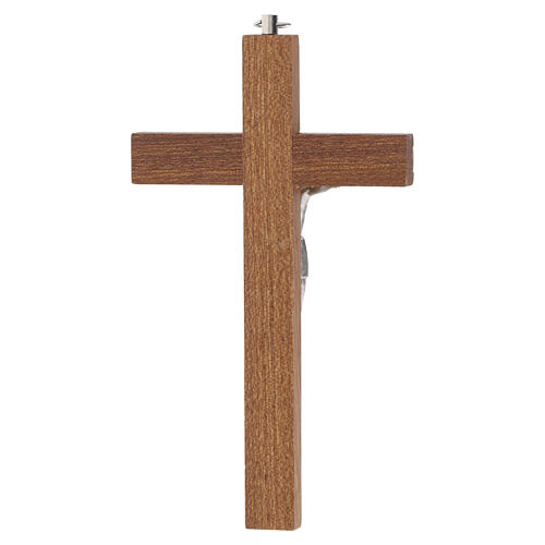 Compact mahogany crucifix with olive wood inserts and silver metal Christ, 15 cm 4