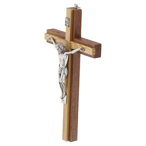 Combined mahogany and olivewood crucifix, silvered Christ, 8 in 3