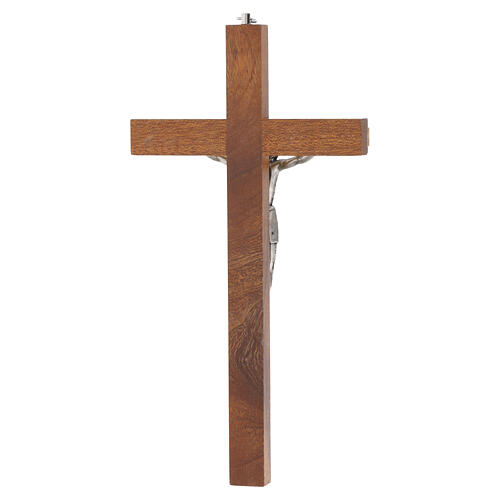 Wall crucifix in mahogany with olive wood inlays, body of Christ in silver metal, 25 cm 4