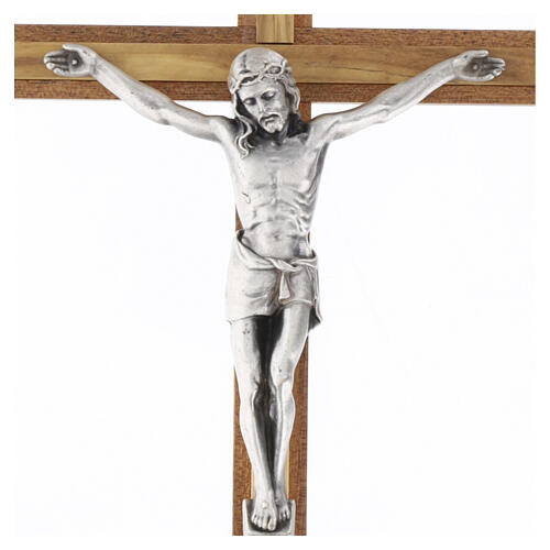 Dark mahogany crucifix with olivewood insert and silver-coloured metal body of Christ, 12 in 2