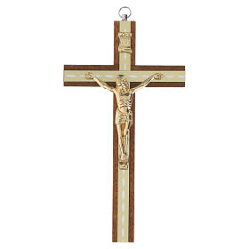 Wall crucifix in mahogany wood with gilded metal Christ and gold-colored metal trims, 20 cm