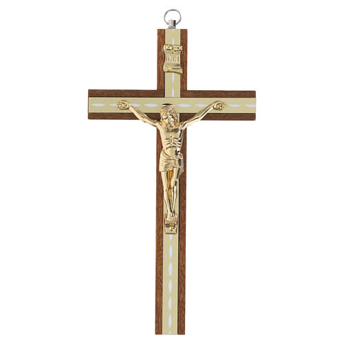 Wall crucifix in mahogany wood with gilded metal Christ and gold-colored metal trims, 20 cm 1