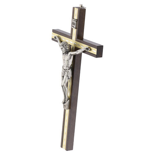 Krucyfiks z ciemnego drewna z intarsją i metalowym Chrystusem, 25 cm 3