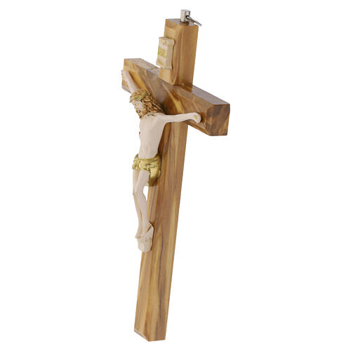 Olivewood crucifix, painted resin body, 7 in 3