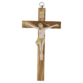 Crucifixo 17 cm madeira de oliveira corpo em resina colorida