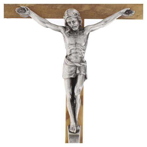 Olive wood crucifix with silvered metal body, 16 cm 2