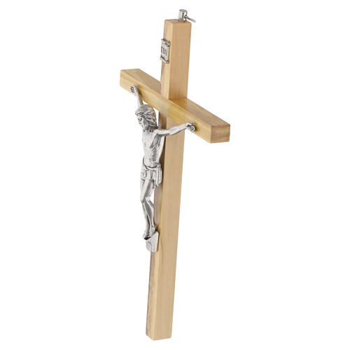 Crucifix bois d'olivier poli corps métal argenté 20 cm 3