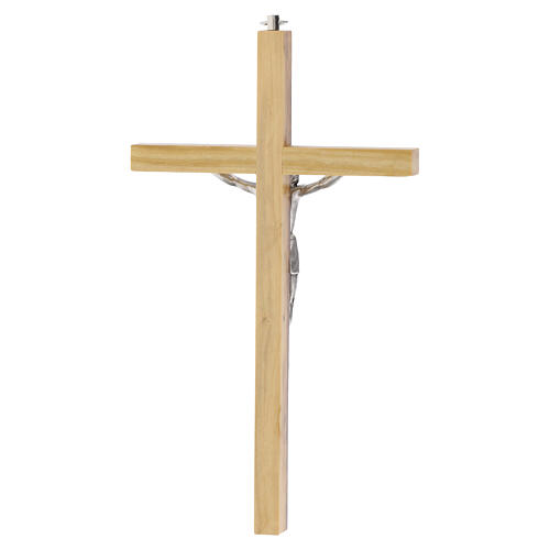 Krucyfiks z drewna oliwnego, wygładzony, postać metalowa posrebrzana, 20 cm 4