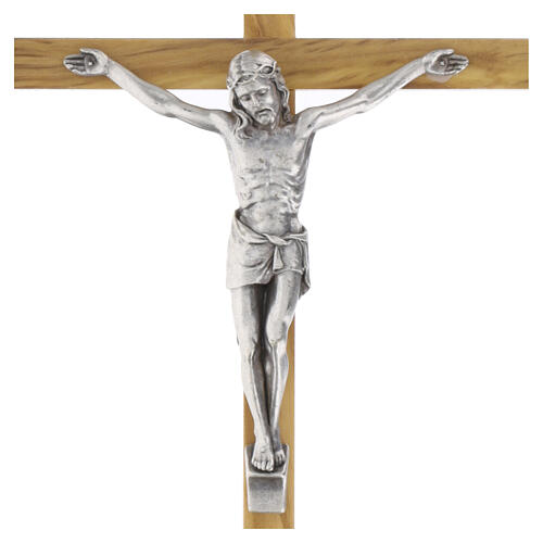 Olivewood wall crucifix, silvered metal body of Christ, 10 in 2
