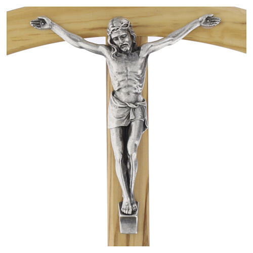 Olive wood crucifix with curved top beam and silvered metal body, 20 cm 2
