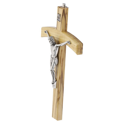 Olive wood crucifix with curved top beam and silvered metal body, 20 cm 3
