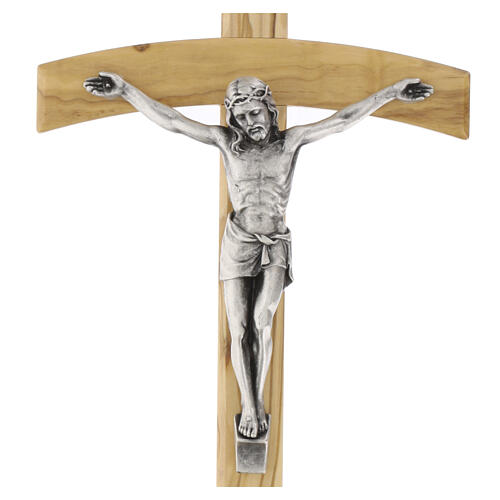 Olivewood crucifix, 10 in, metal body of Christ, arched crossbar 2