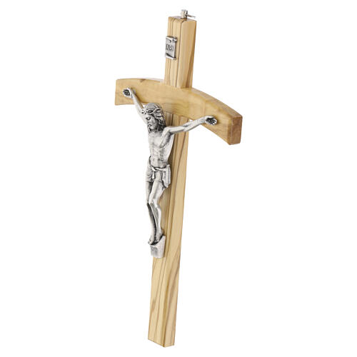 Olivewood crucifix, 10 in, metal body of Christ, arched crossbar 3