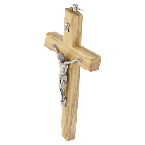 Crucifix with Christ's body in silver-plated metal on olive wood cross, 5 in 3