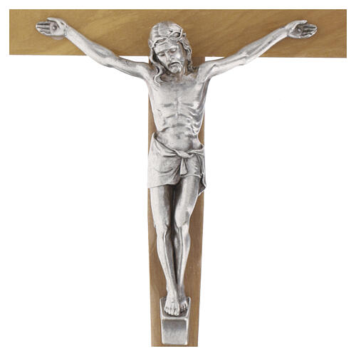 Olivewood crucifix, 8 in, silver-plated metal body of Christ 2