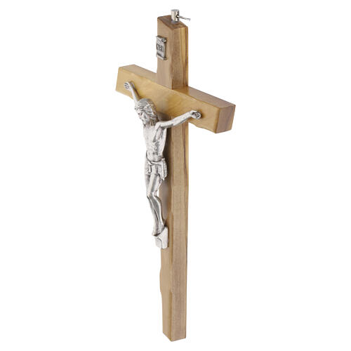 Olivewood crucifix, 8 in, silver-plated metal body of Christ 3