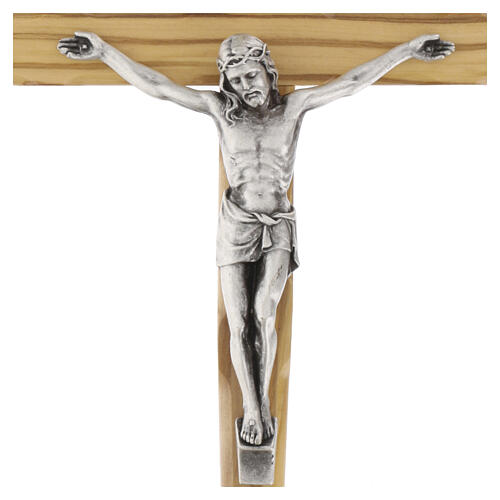 Olivewood wall crucifix, silvered metal body of Christ, 10 in 2