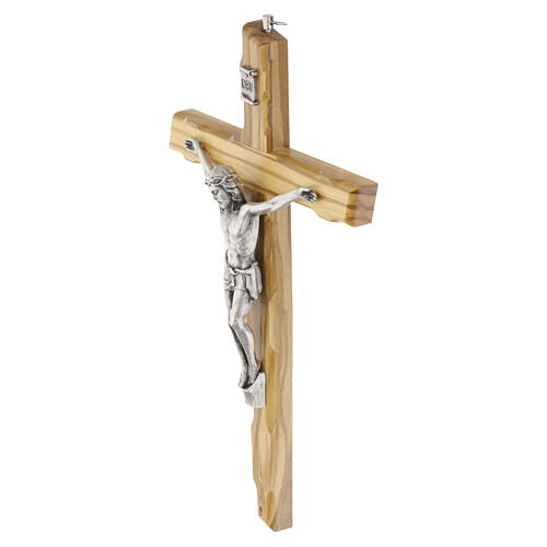 Olivewood wall crucifix, silvered metal body of Christ, 10 in 3