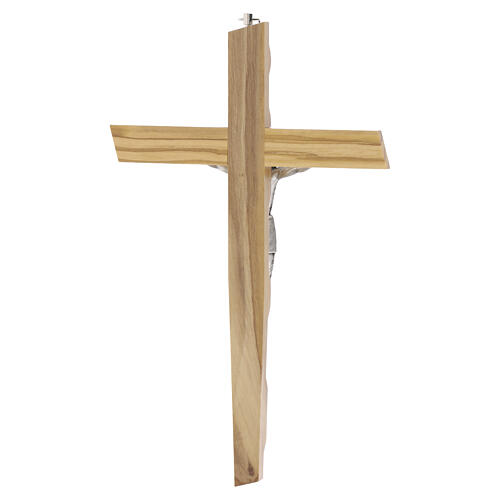 Olivewood wall crucifix, silvered metal body of Christ, 10 in 4
