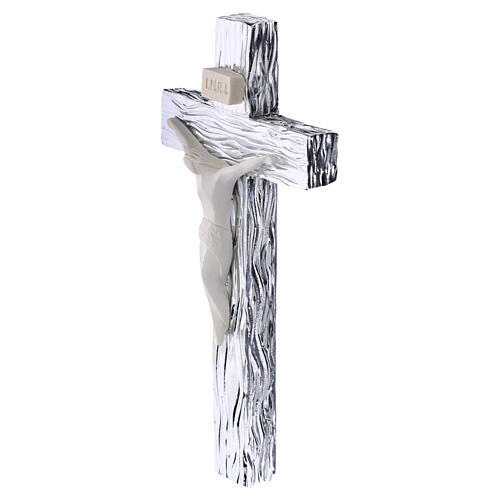 Silvered wood-effect crucifix with white resin body, 6x3 in 2