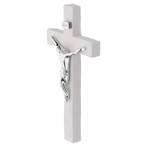 White wall crucifix with wood-effect finish and polished silver body of Christ, 8x4 in 2