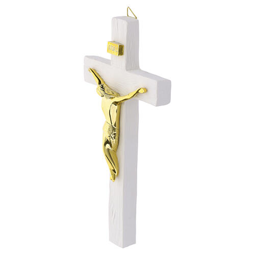 Kruzifix aus weißem Resin mit Holzdekor-Oberfläche und goldfarbenem Korpus – 21 × 10 cm 2