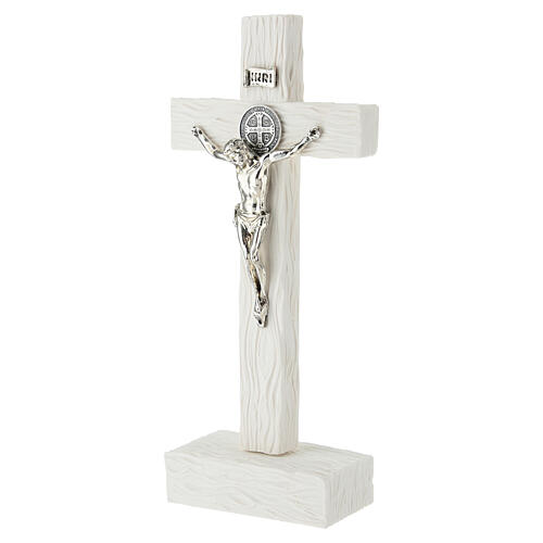 Saint Benedict tabletop crucifix in white wood-effect resin, 7x4 in 2