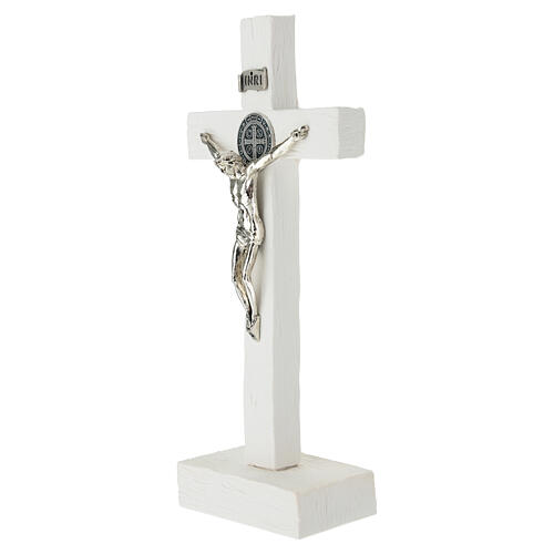 Saint Benedict table crucifix in white resin, 25x10 cm 3