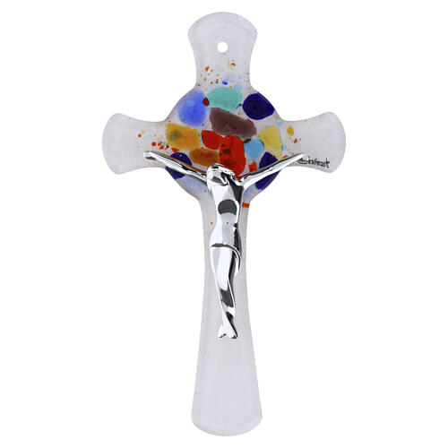 Croce a cerchio Vetro Murano pietre multicolor corpo argentato 16x10cm 1