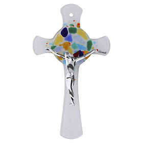 Kruzifix aus Murano-Glas mit zentralem kreisförmigem Gestaltungselement und multicolor Glaseinschlüssen – 20 × 10 cm