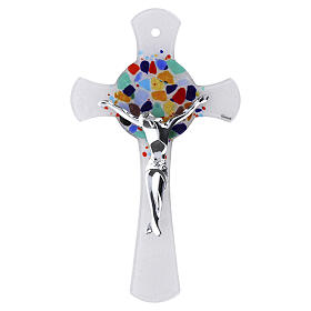 Cruz vidrio Murano blanco multicolor cuerpo plateado 30x20 cm