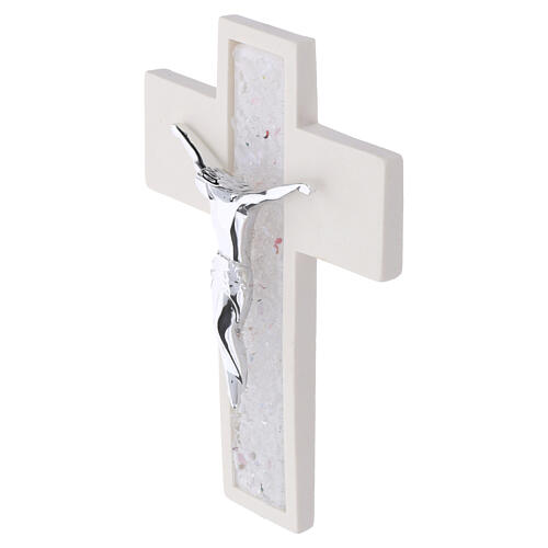 Wall crucifix in resin and Murano glass with white wood-effect, 13.5x10 cm 2