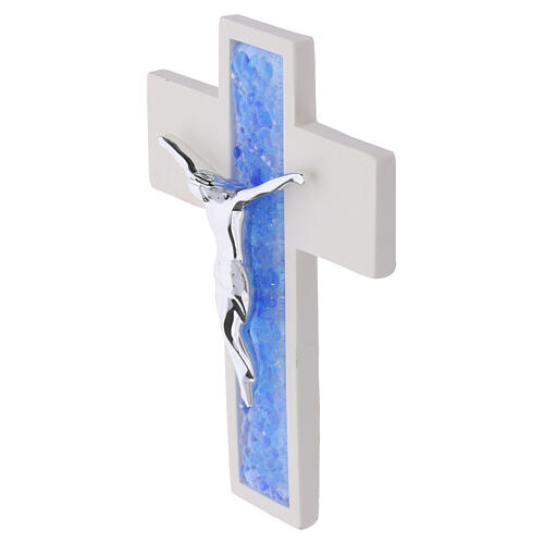 Cruz de parede branca com inserto azul em vidro de Murano 13,5x10 cm 2